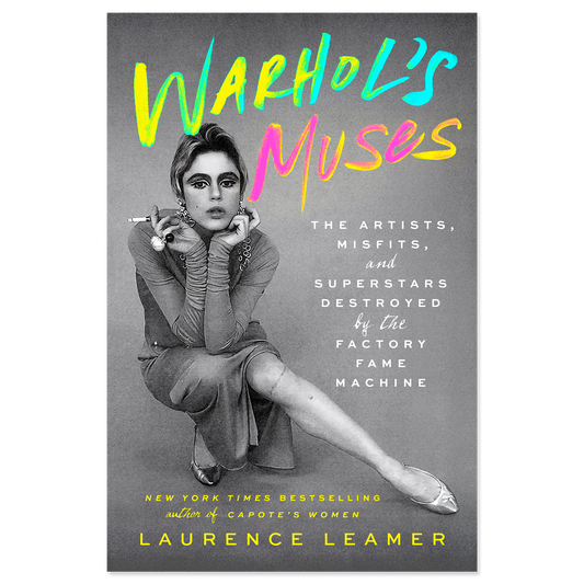 Book cover of 'Warhol's Muses' with a black and white photo of a woman, colorful text, and author's name.
