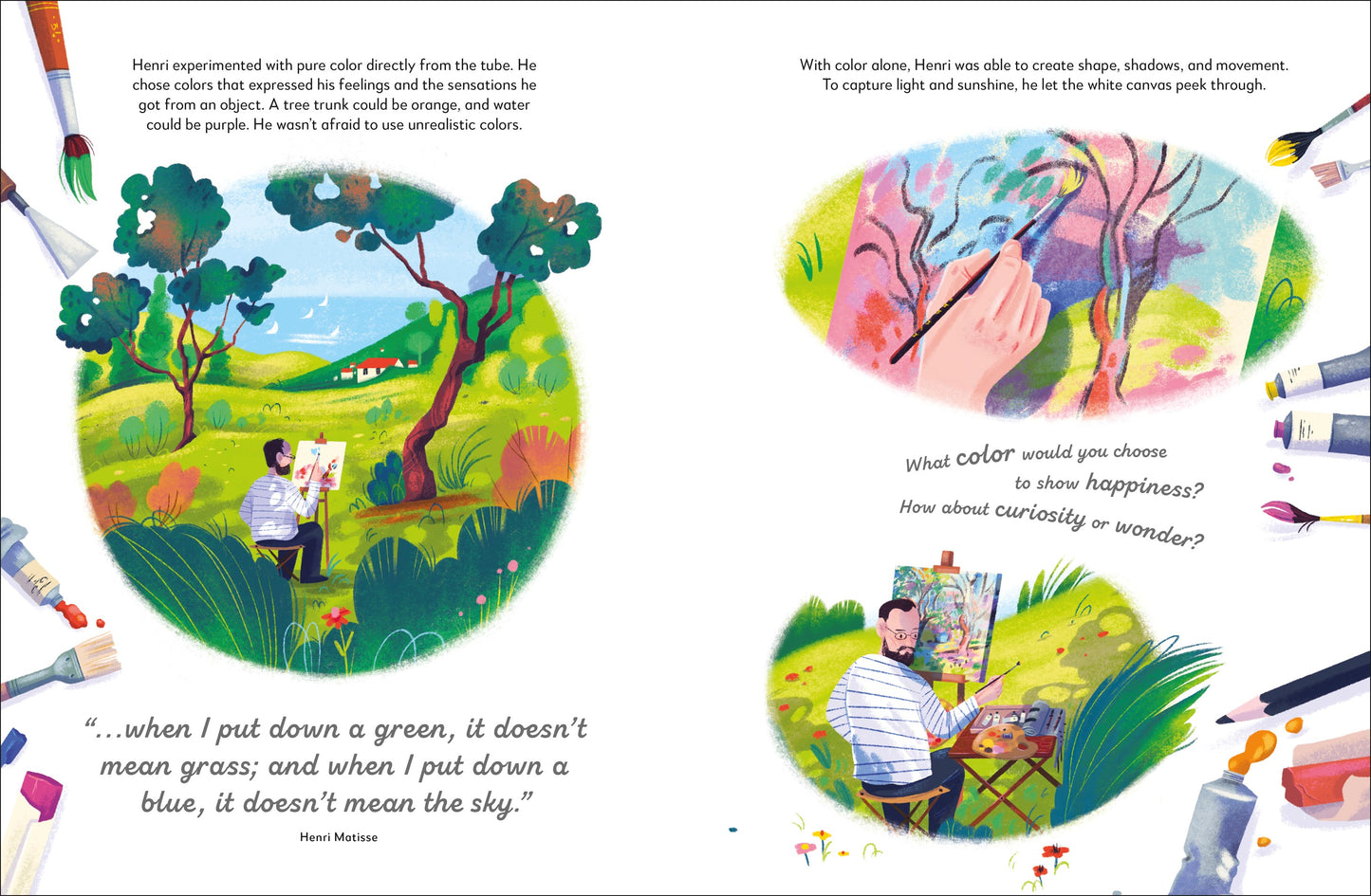 Illustrated book page with colorful scenes and text about color and creativity.