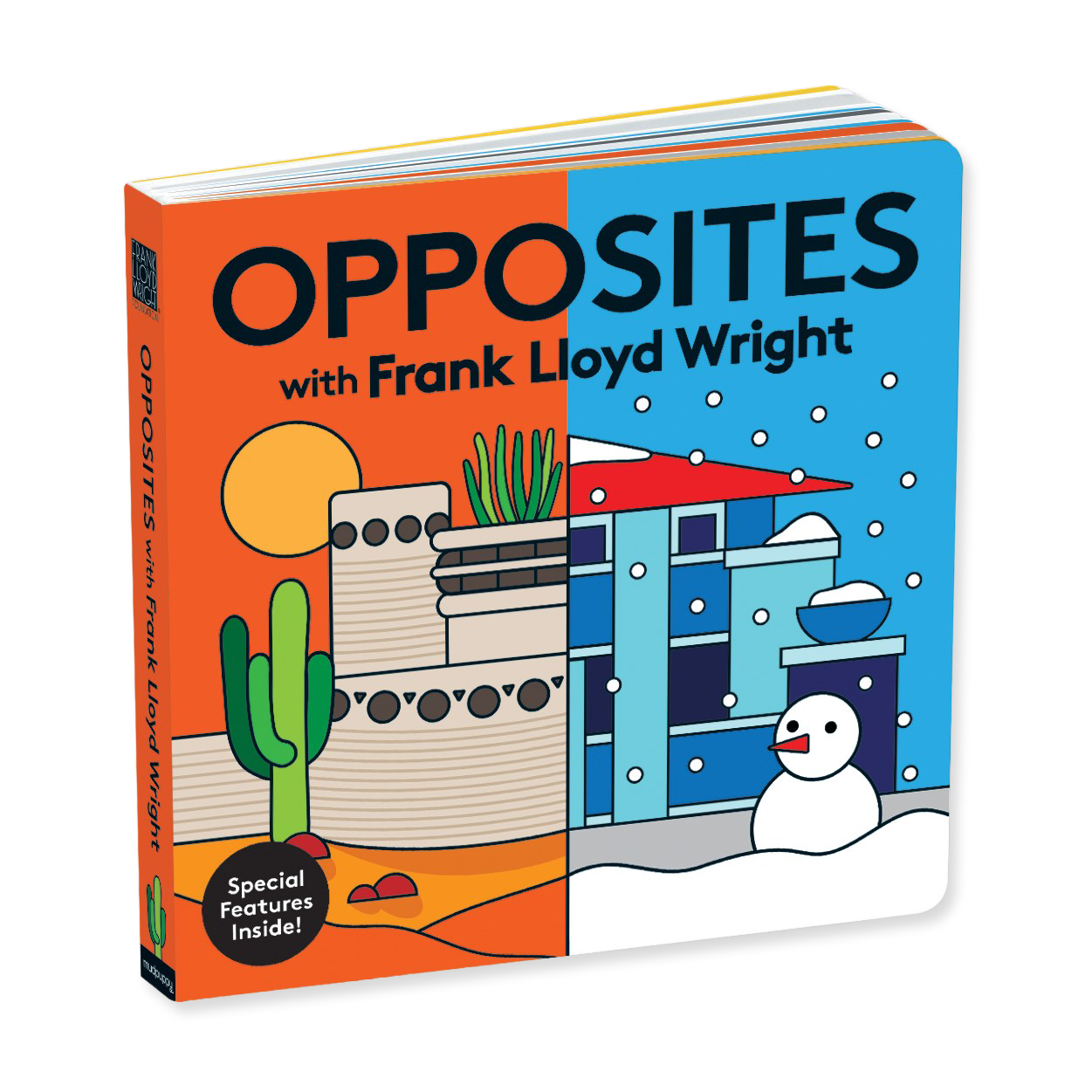 Book titled 'Opposites with Frank Lloyd Wright' featuring illustrations of a cactus and a snowman on a white background.
