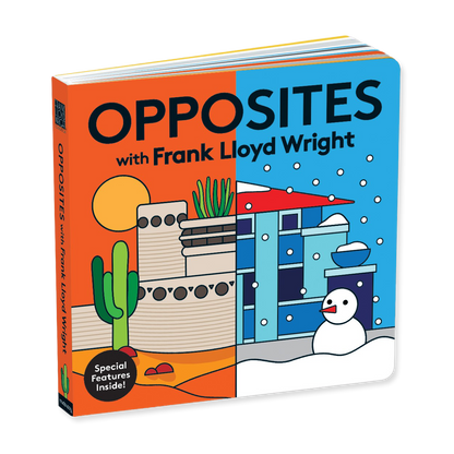 Book titled 'Opposites with Frank Lloyd Wright' featuring illustrations of a cactus and a snowman on a white background.