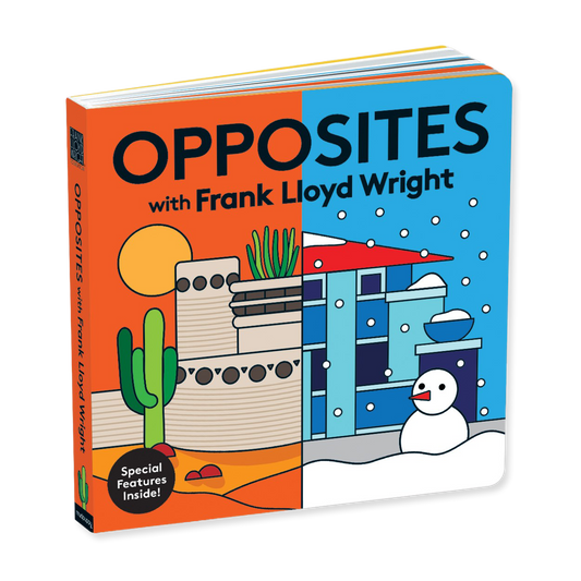 Book titled 'Opposites with Frank Lloyd Wright' featuring illustrations of a cactus and a snowman on a white background.