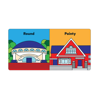 Educational card with 'Round' and 'Pointy' buildings on a blue and orange background