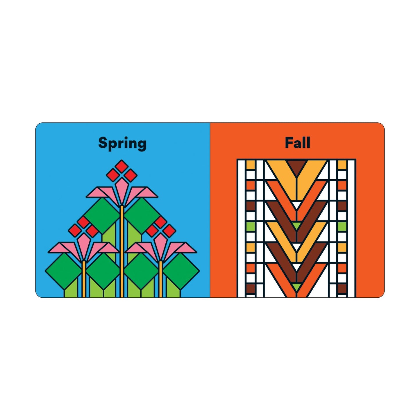 Two cards labeled 'Spring' and 'Fall' with colorful designs on a white background.