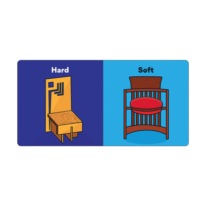 Illustration of a hard chair on blue and a soft chair on red, labeled 'Hard' and 'Soft'.