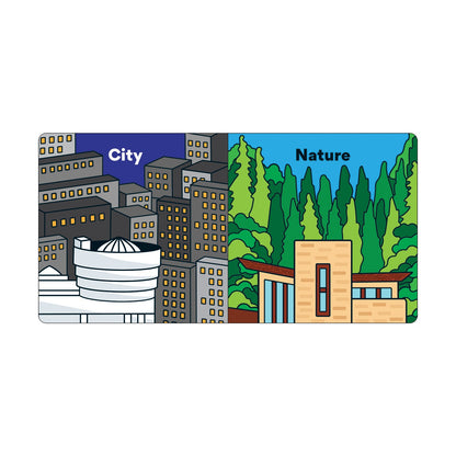 Split design of cityscape and nature with labeled 'City' and 'Nature'.