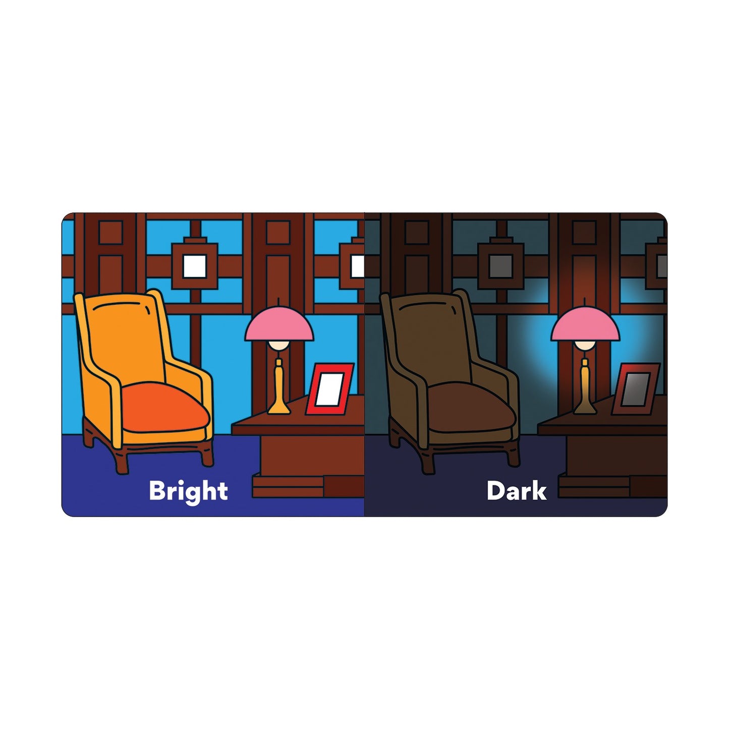 Comparison of two armchairs, one labeled 'Bright' and the other 'Dark', in a room setting.