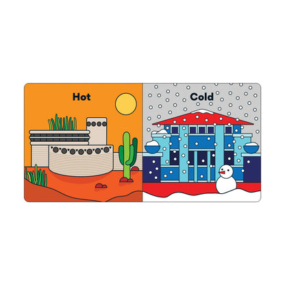 Illustration of a hot and cold scene with desert and winter elements on a white background.