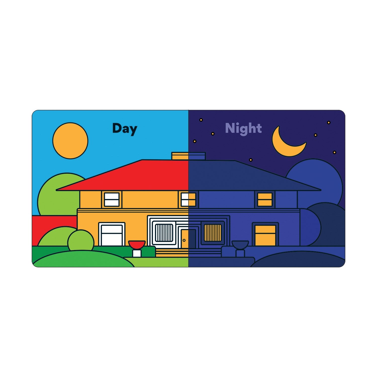 Illustration of a house at day and night with contrasting colors and elements.