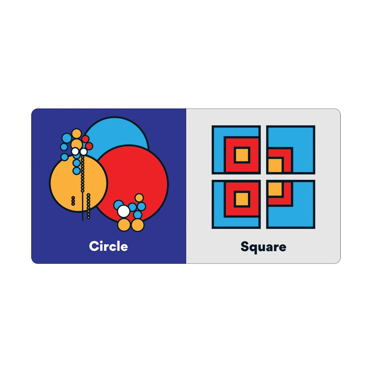 Educational card with circle and square shapes on a blue and white background