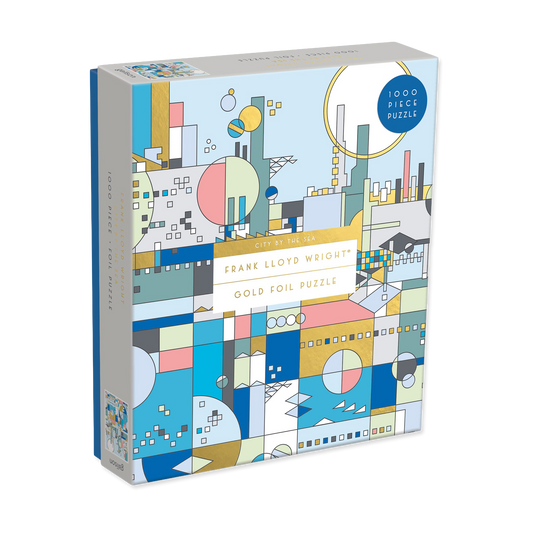 Jigsaw puzzle box with geometric design and '1000 Piece Puzzle' label on a white background