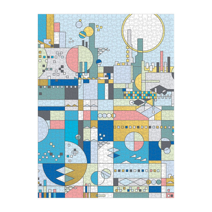 Geometric puzzle with colorful shapes on a white background