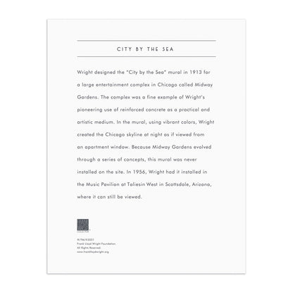 Text description of a mural by Frank Lloyd Wright titled 'City by the Sea' on a white background.