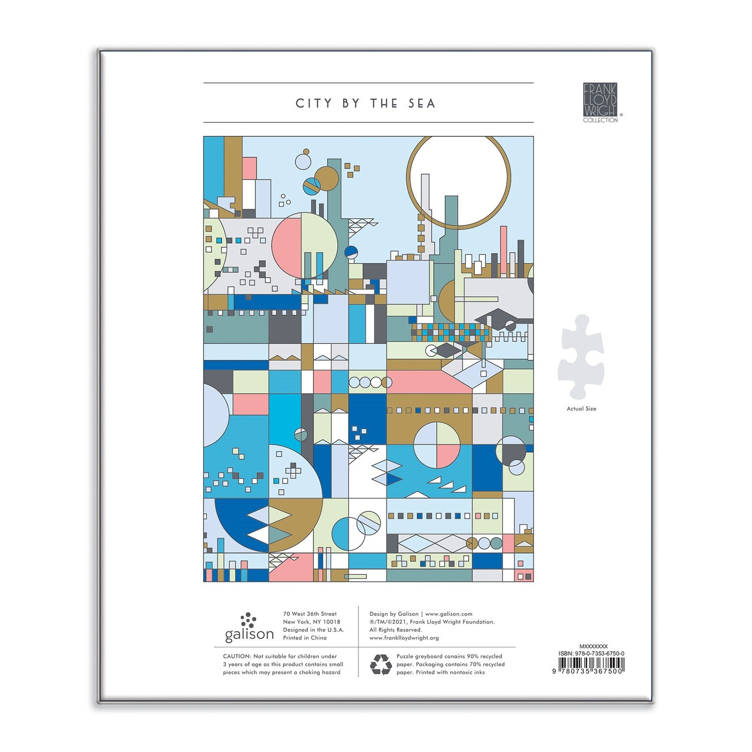 Puzzle packaging with geometric city design and 'City by the Sea' text on a white background