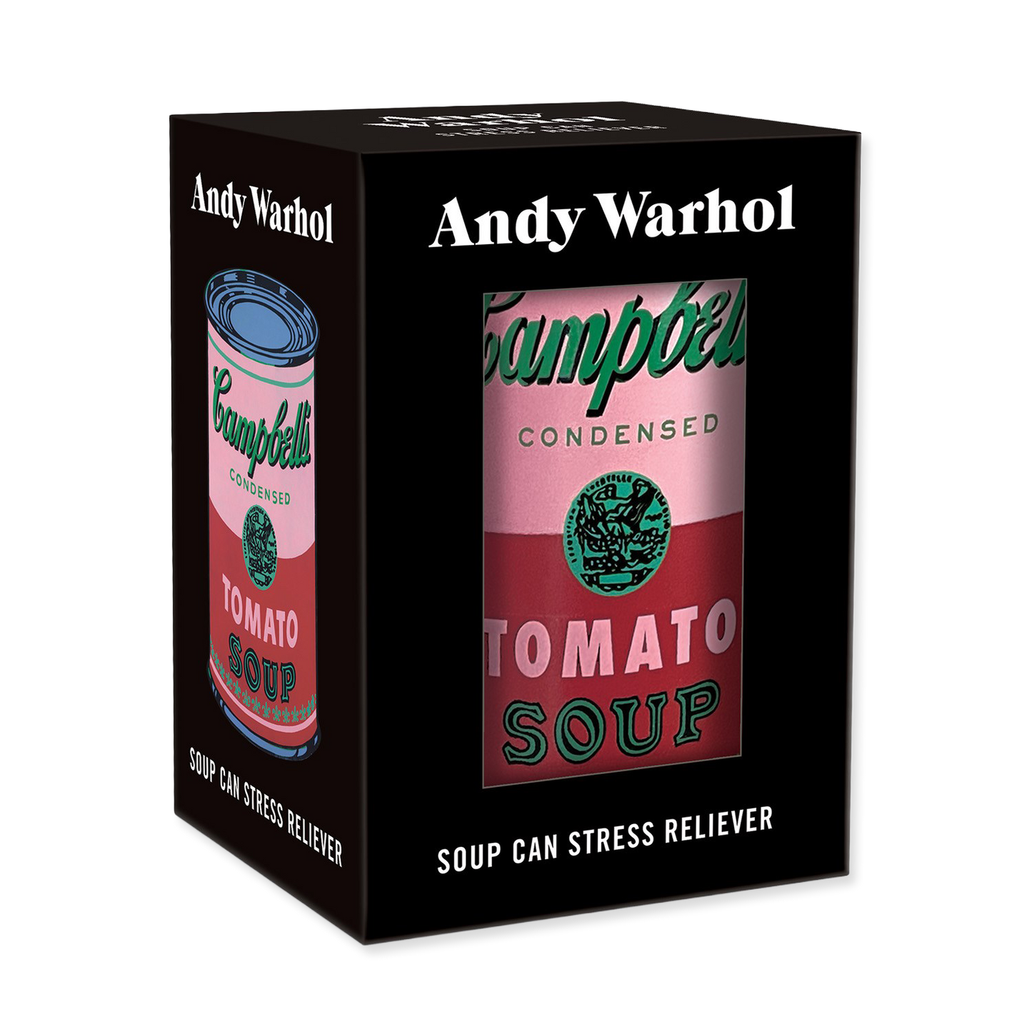 Andy Warhol Campbell's Tomato Soup can stress reliever packaging on a white background
