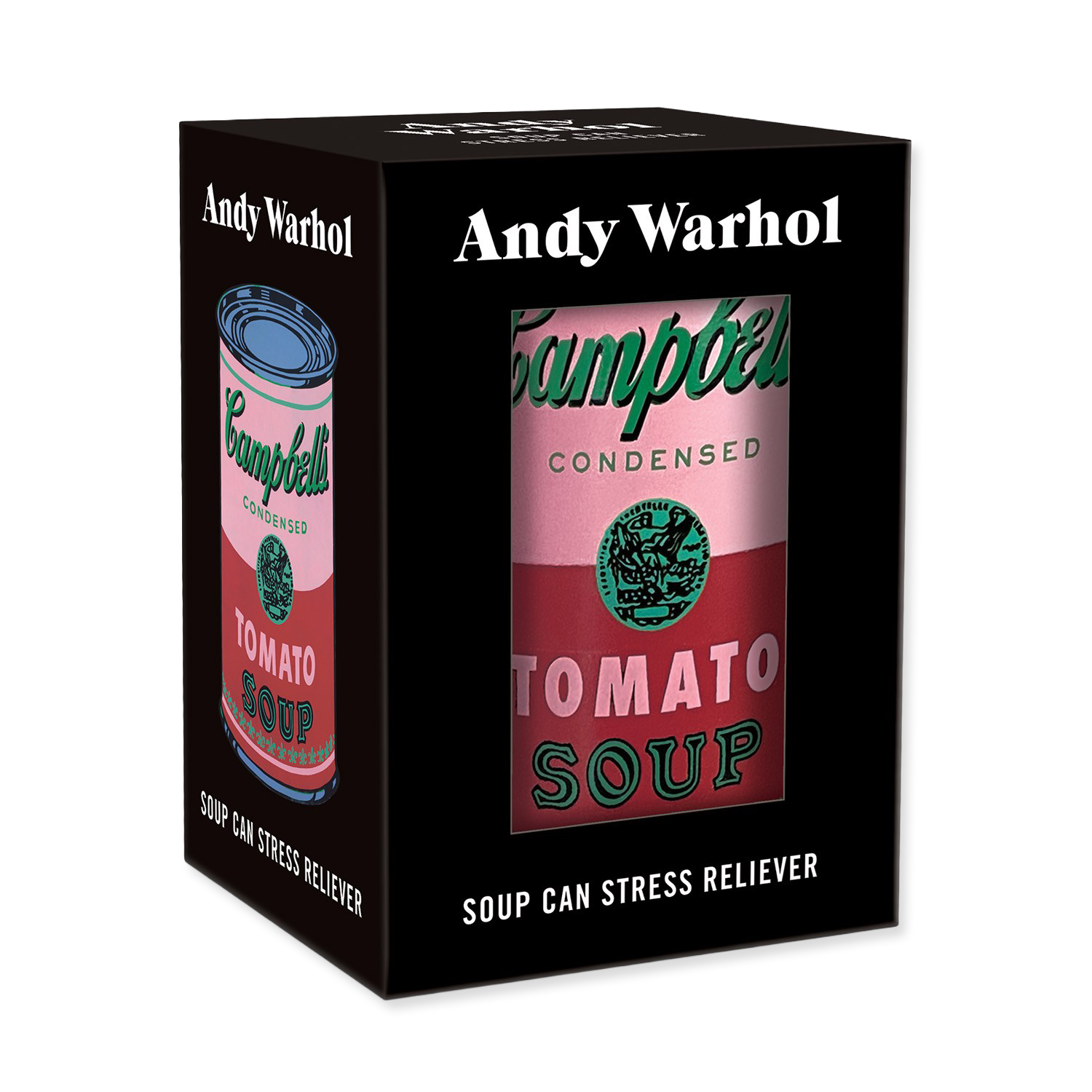 Andy Warhol Campbell's Tomato Soup can stress reliever packaging on a white background