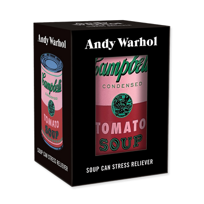 Andy Warhol Campbell's Tomato Soup can stress reliever packaging on a white background