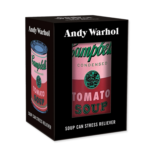 Andy Warhol Campbell's Tomato Soup can stress reliever packaging on a white background