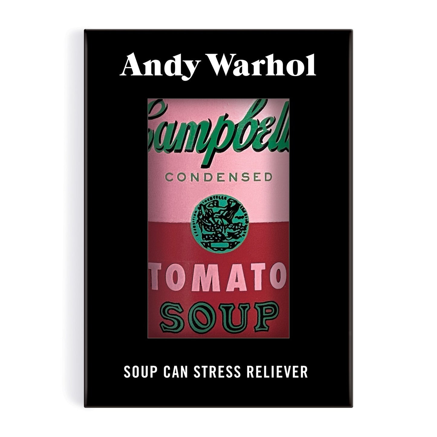 Andy Warhol Campbell's Tomato Soup can with text 'Soup Can Stress Reliever' on a black background
