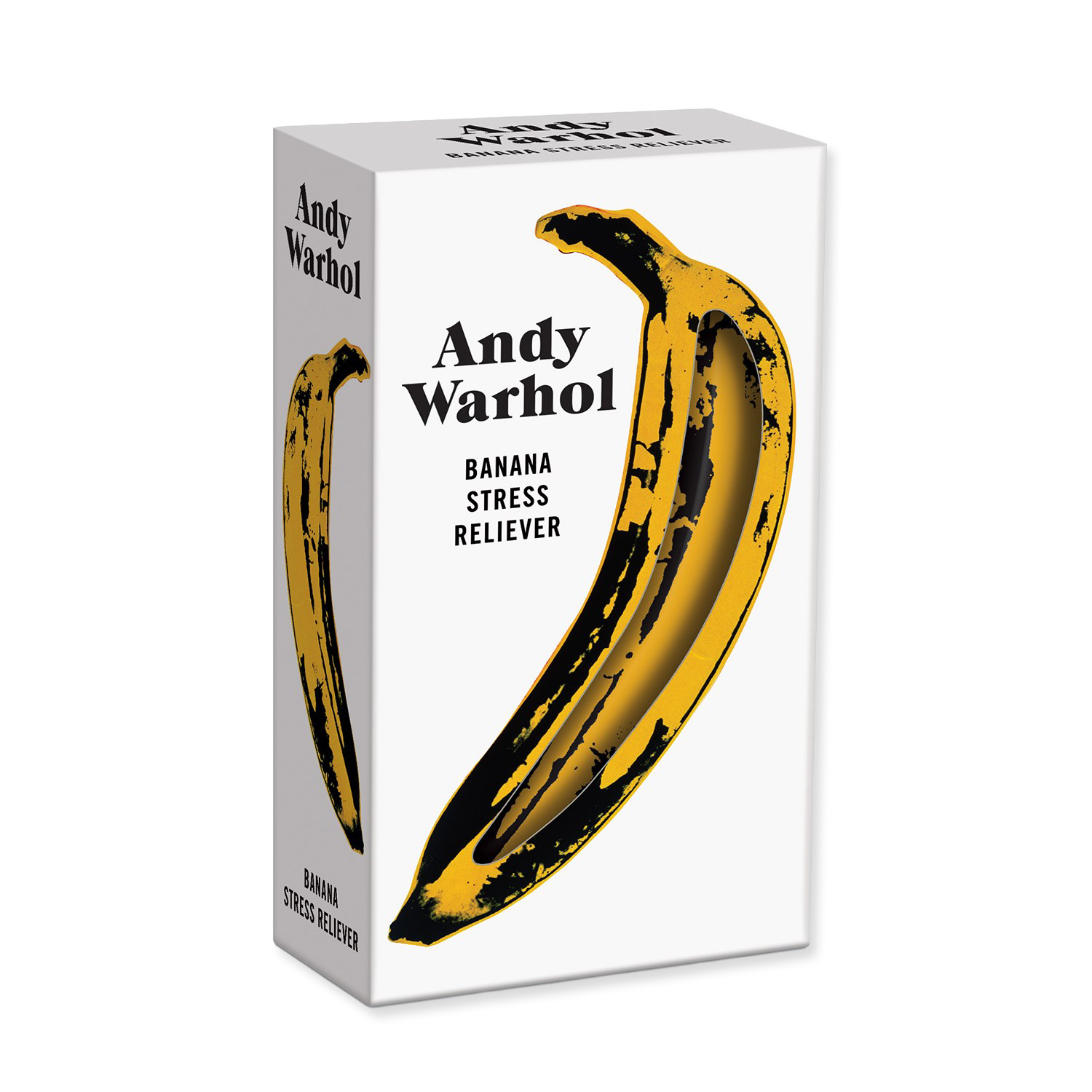 Andy Warhol Banana Stress Reliever packaging with a yellow banana design on a white background