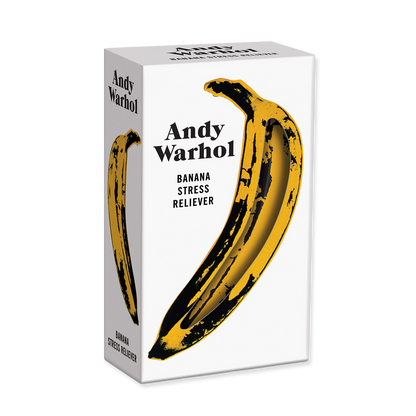 Andy Warhol Banana Stress Reliever packaging with a yellow banana design on a white background