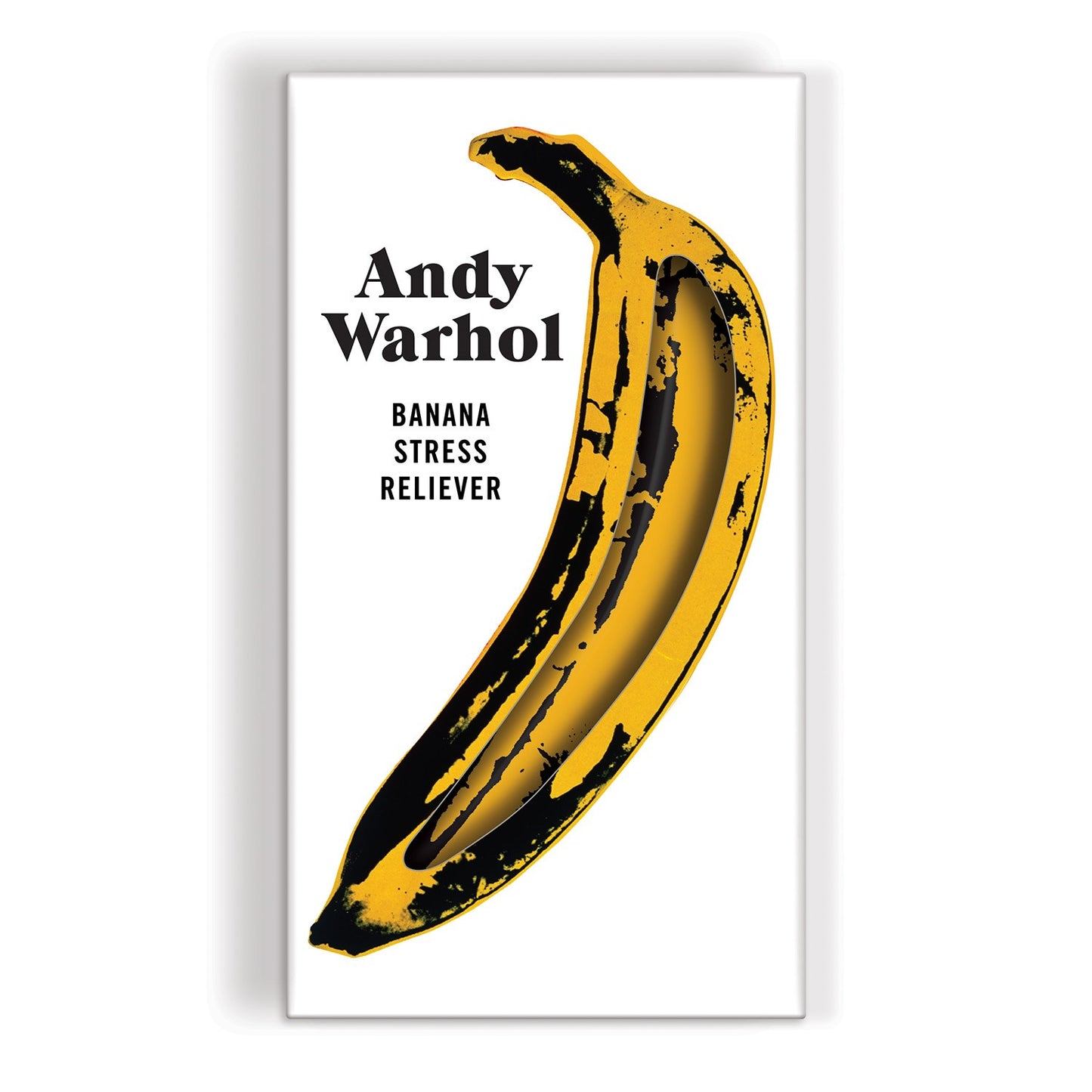Yellow banana with black splashes on a white background, featuring the text 'Andy Warhol Banana Stress Reliever'.