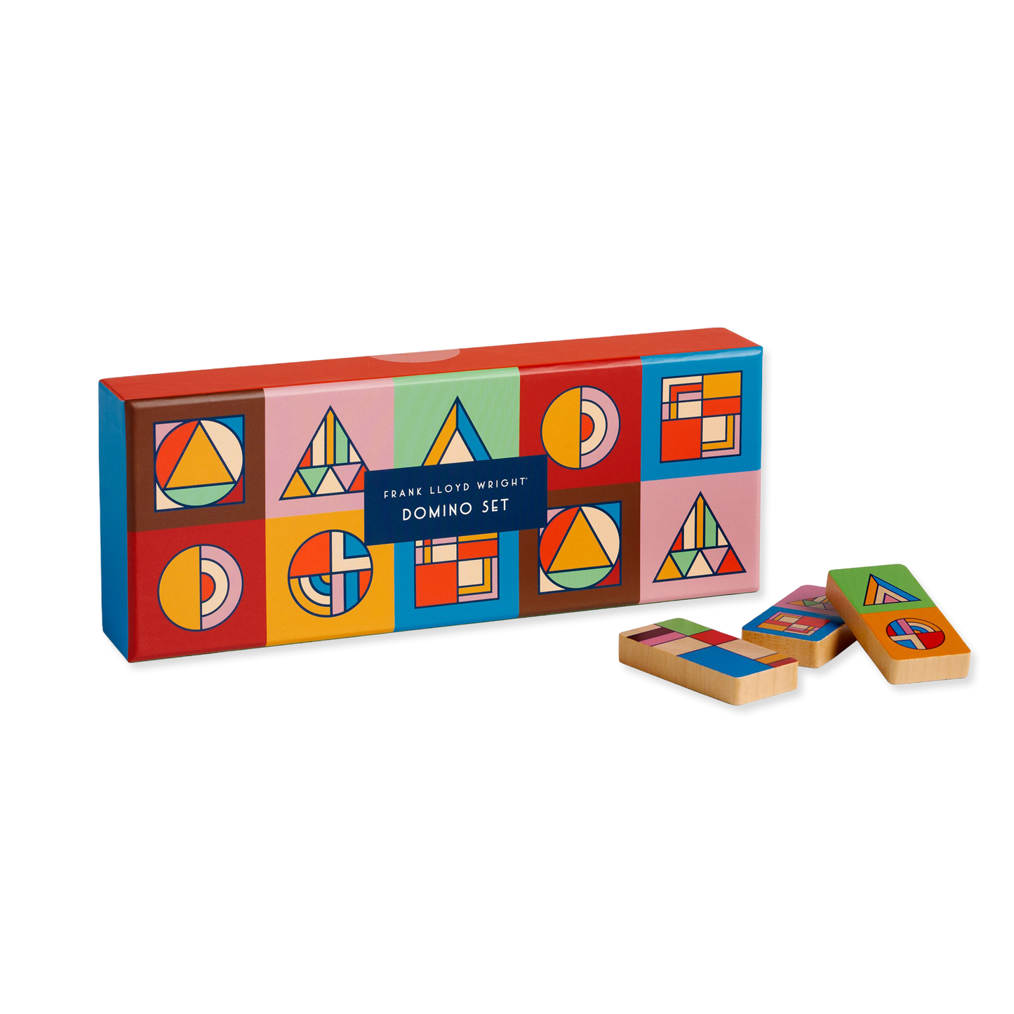 Colorful geometric-patterned domino set with packaging on a white background