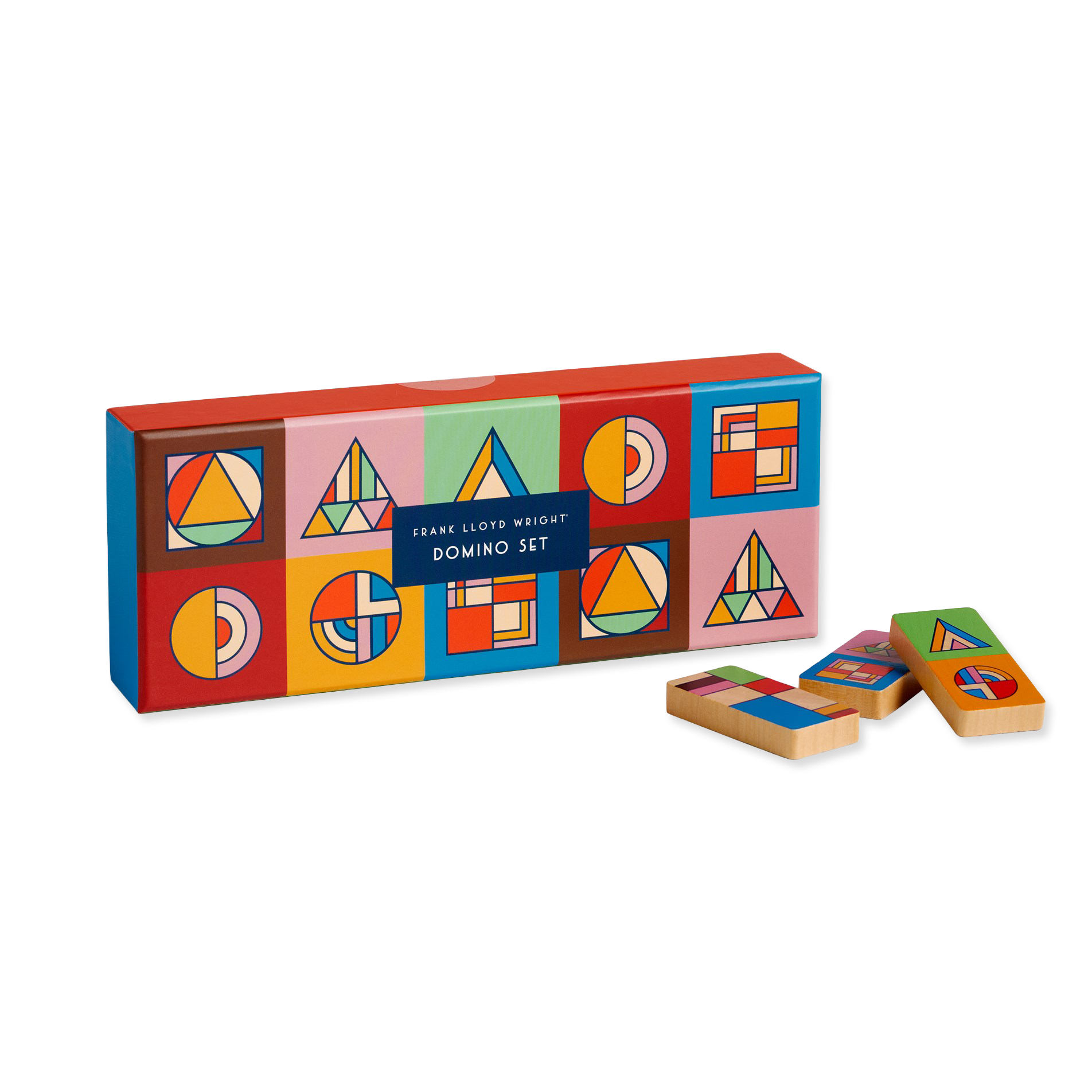 Colorful geometric-patterned domino set with packaging on a white background