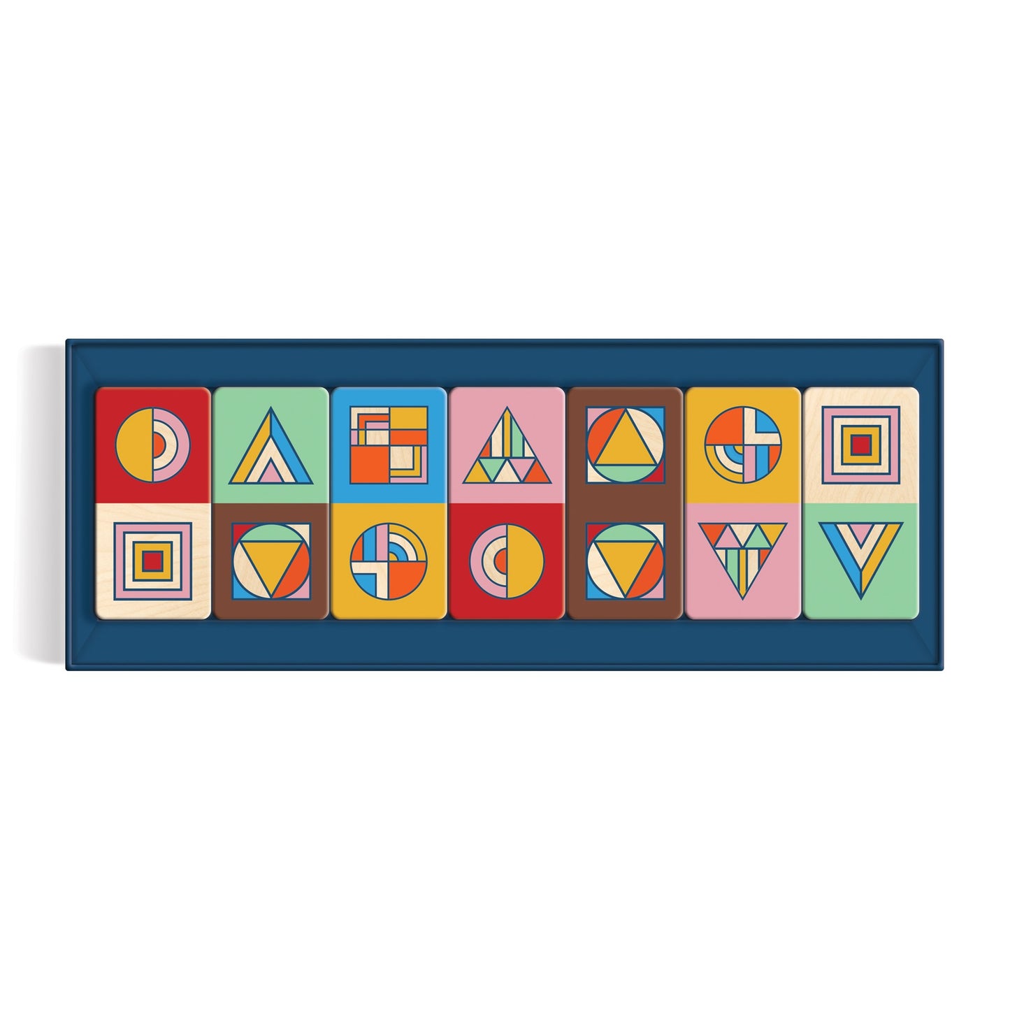 Colorful geometric patterned blocks on a blue background