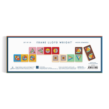 Box of Frank Lloyd Wright wood dominoes with geometric designs on a white background