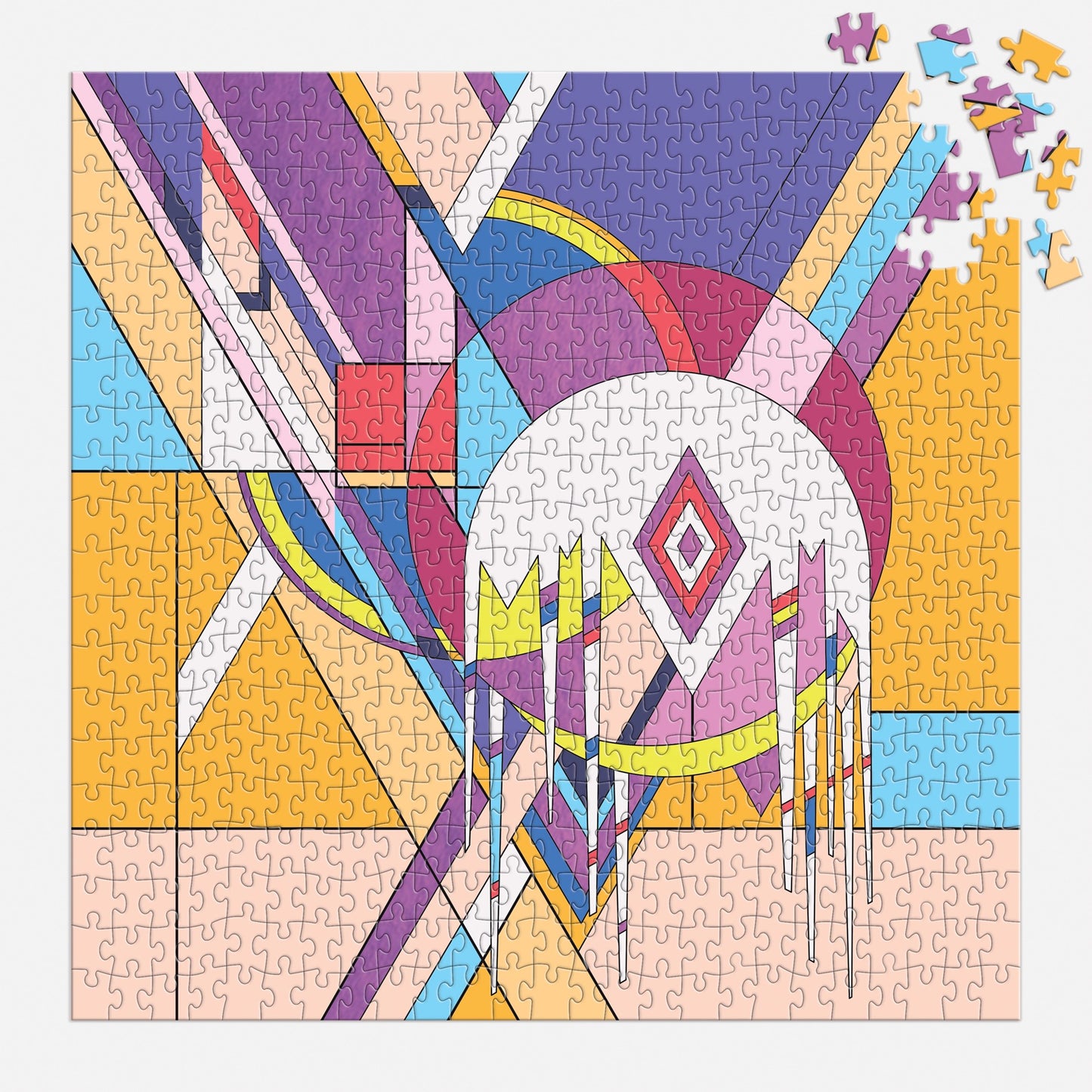 Colorful geometric puzzle with a partially completed design on a white background
