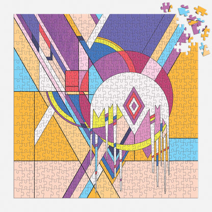 Colorful geometric puzzle with a partially completed design on a white background