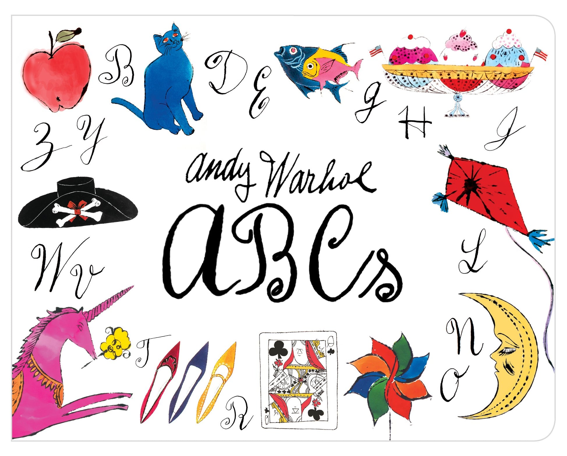 Colorful alphabet letters with illustrations and 'Andy Warhol ABCs' text on a white background