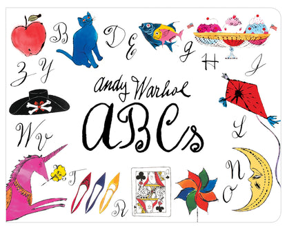 Colorful alphabet letters with illustrations and 'Andy Warhol ABCs' text on a white background