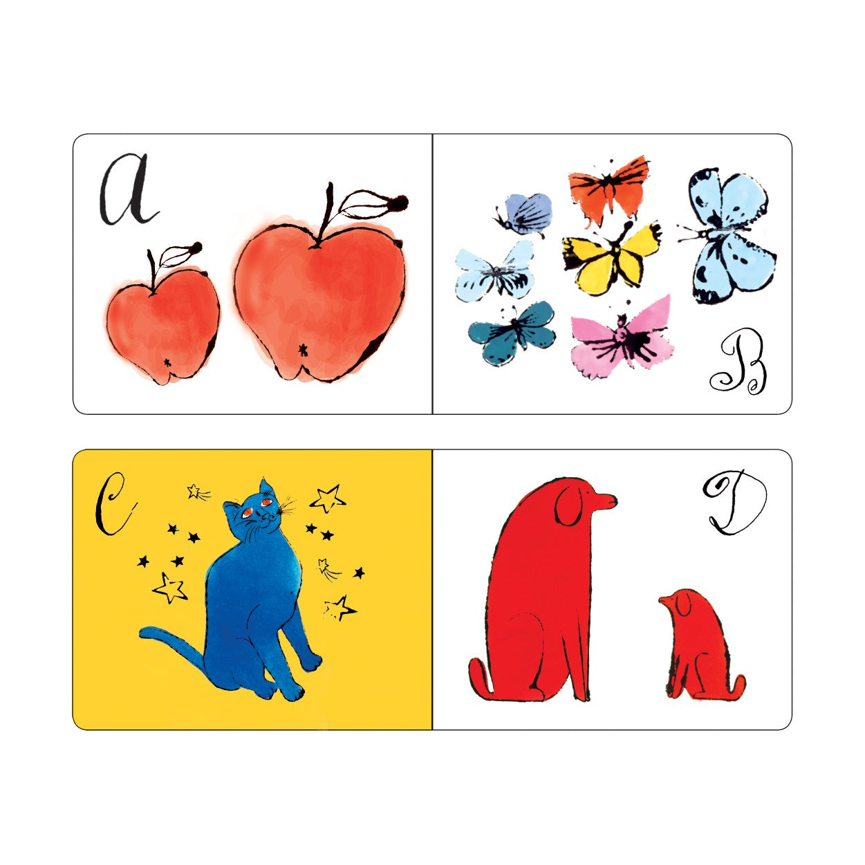 Educational card with illustrations of apples, butterflies, a cat, and dogs on a white background.