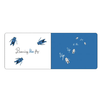 Split design with blue insects on a white background and white text on a blue background