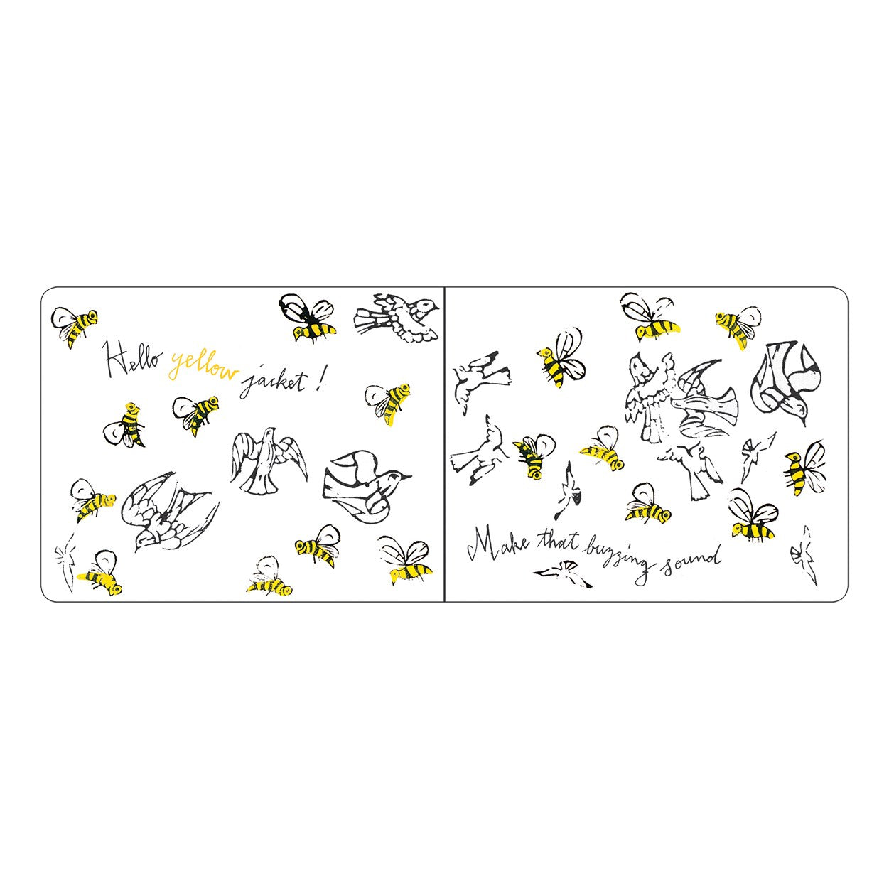 Board book pages with bee designs and text on a white background
