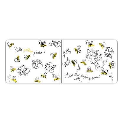 Board book pages with bee designs and text on a white background