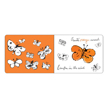 Butterfly-themed board book pages with orange and white design on a white background