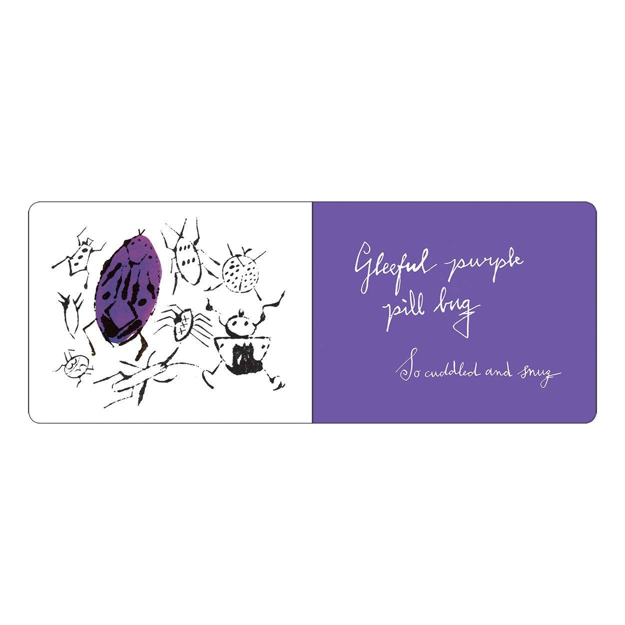 Board book pages with purple cartoon illustration and text on a white background