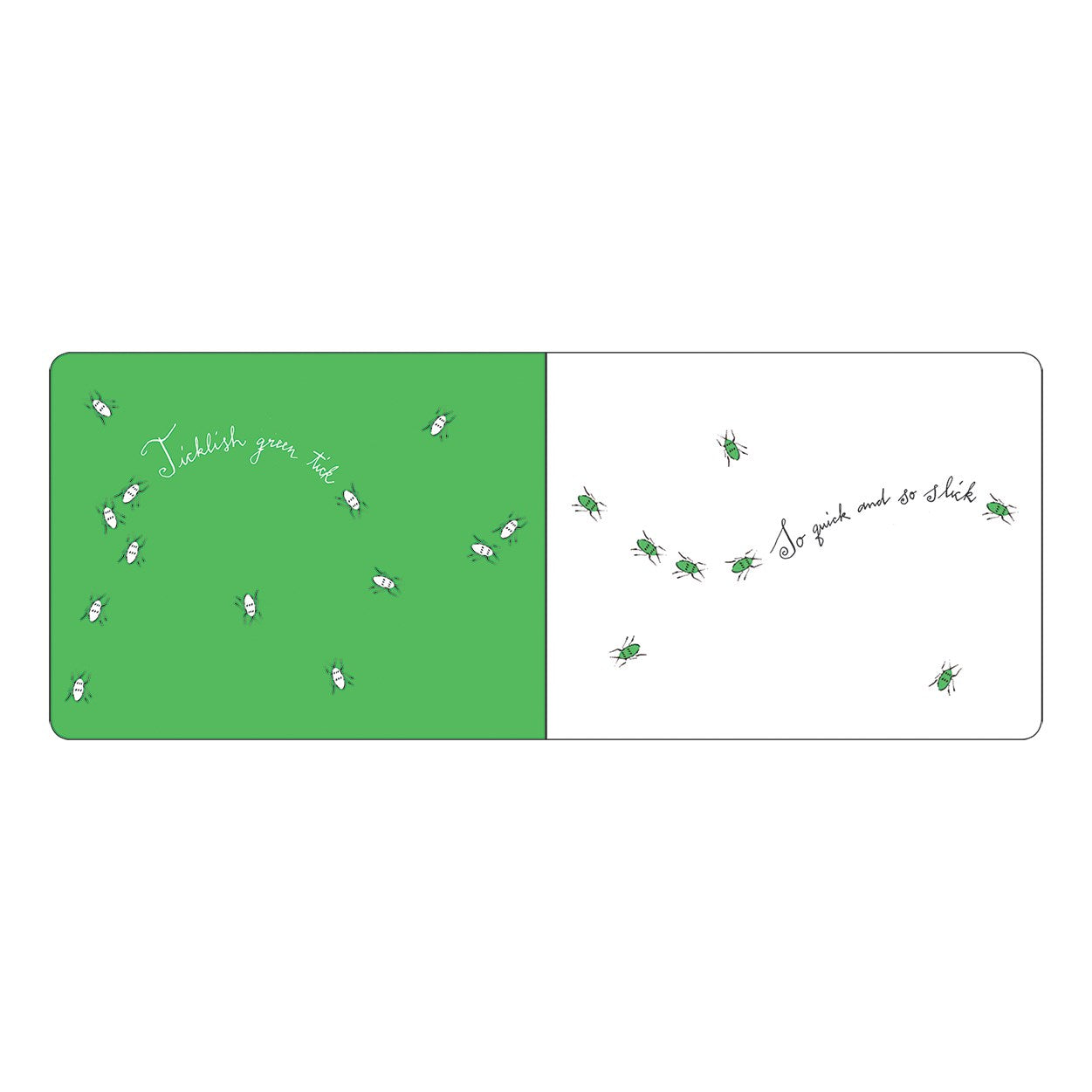 Board book pages with green and white backgrounds, featuring small illustrations of grasshoppers and text.