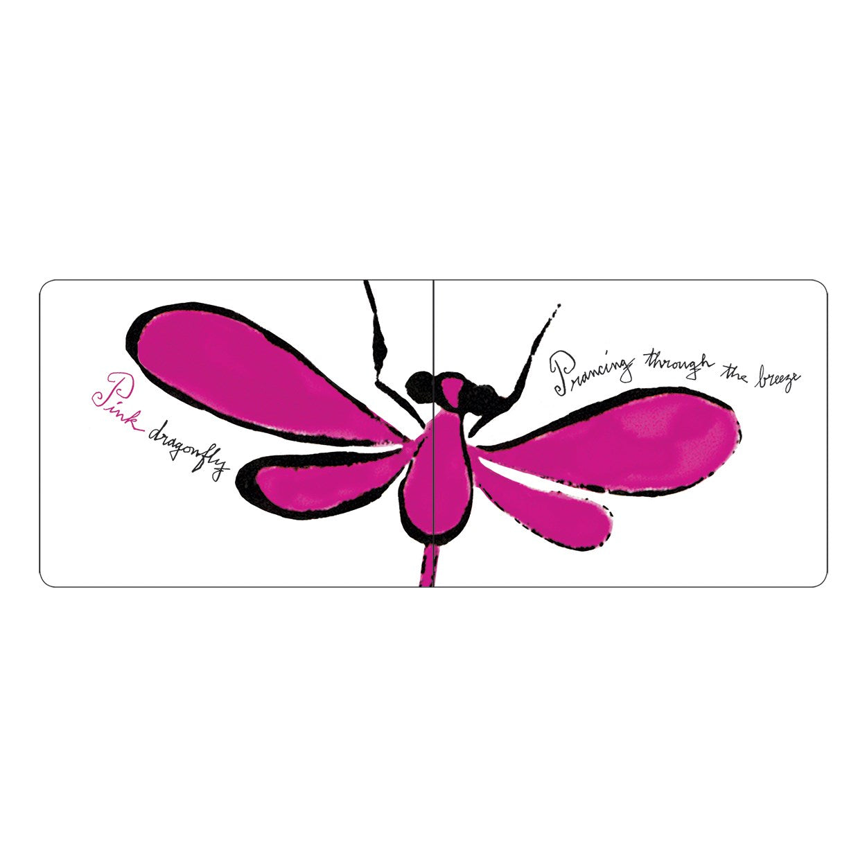 Pink dragonfly illustration with text on a white background