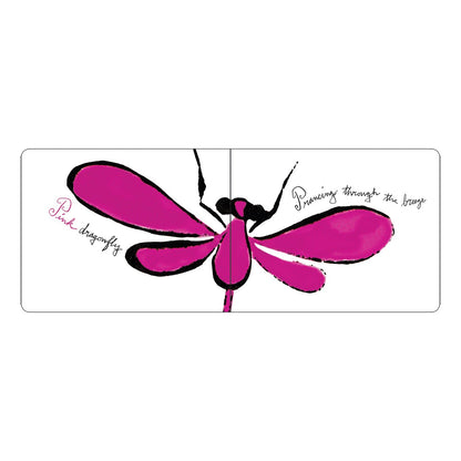 Pink dragonfly illustration with text on a white background