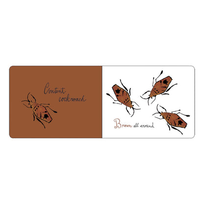 Board book pages with brown cockroach illustrations and text on a white background