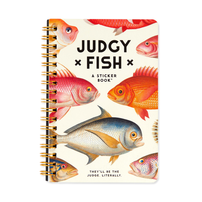 Sticker book cover with colorful fish illustrations and text on a white background