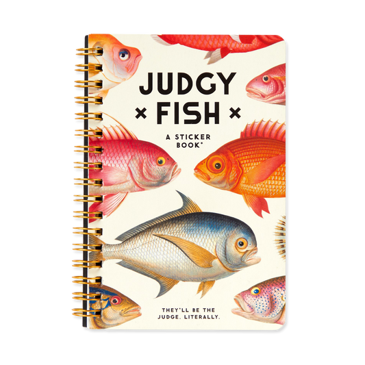 Sticker book cover with colorful fish illustrations and text on a white background