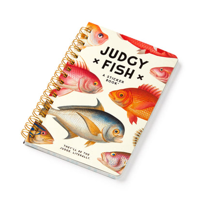 Sticker book titled 'Judgy Fish' with colorful fish illustrations on a white background