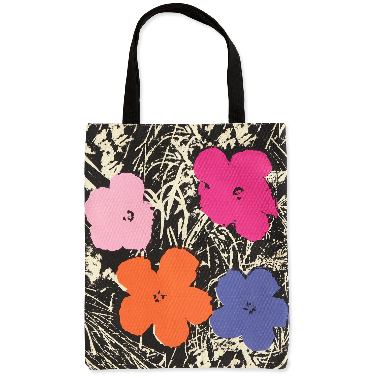 Andy Warhol "Flowers" Canvas Tote Bag featuring a print of brightly colored flowers.