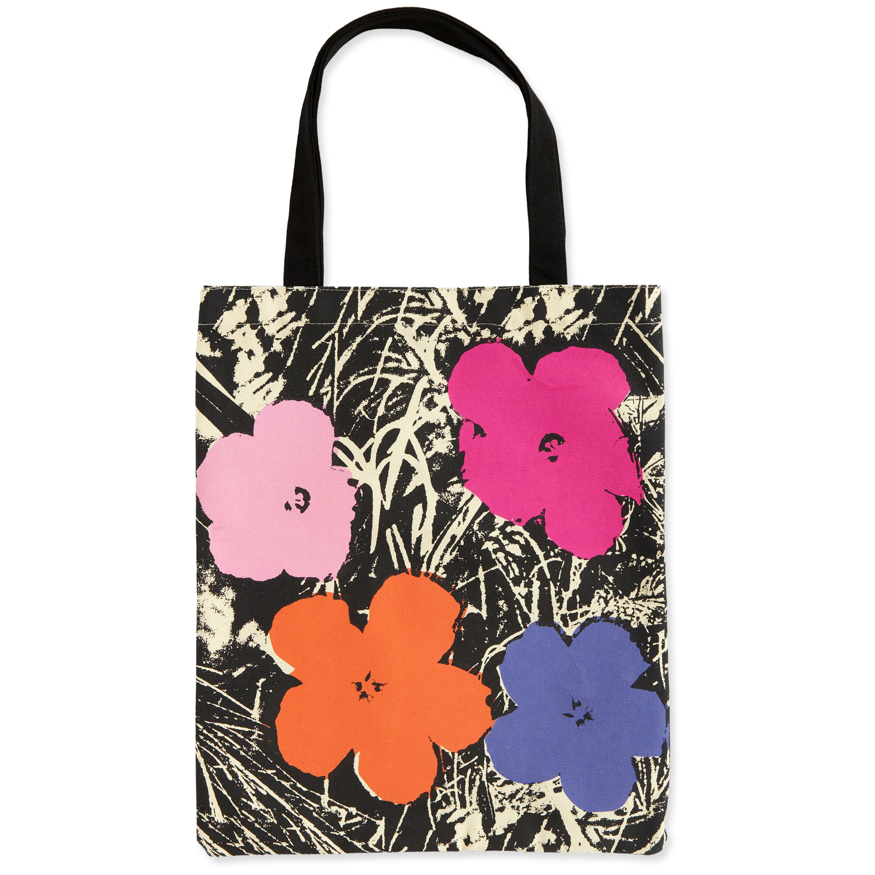 Andy Warhol "Flowers" Canvas Tote Bag featuring a print of brightly colored flowers.