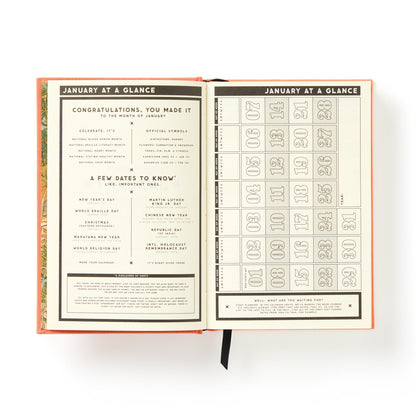 Open book showing a calendar layout with text and numbers on a white background