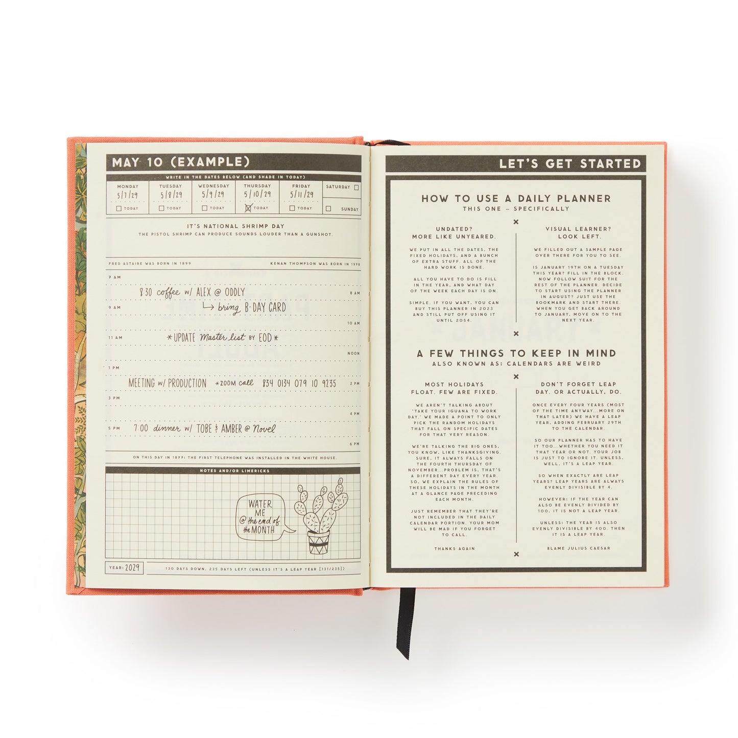 Open daily planner book with instructions on a white background